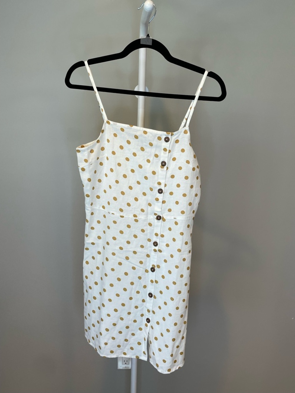 Billabong White Mini Dress with Mustard Polka Dots and Off-Set Buttons - Medium